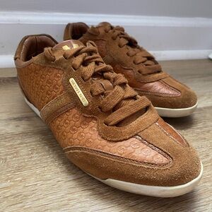 Michael Kors Signature Embossed “MK” Faux Suede Women’s Sneakers in Brown & Gold